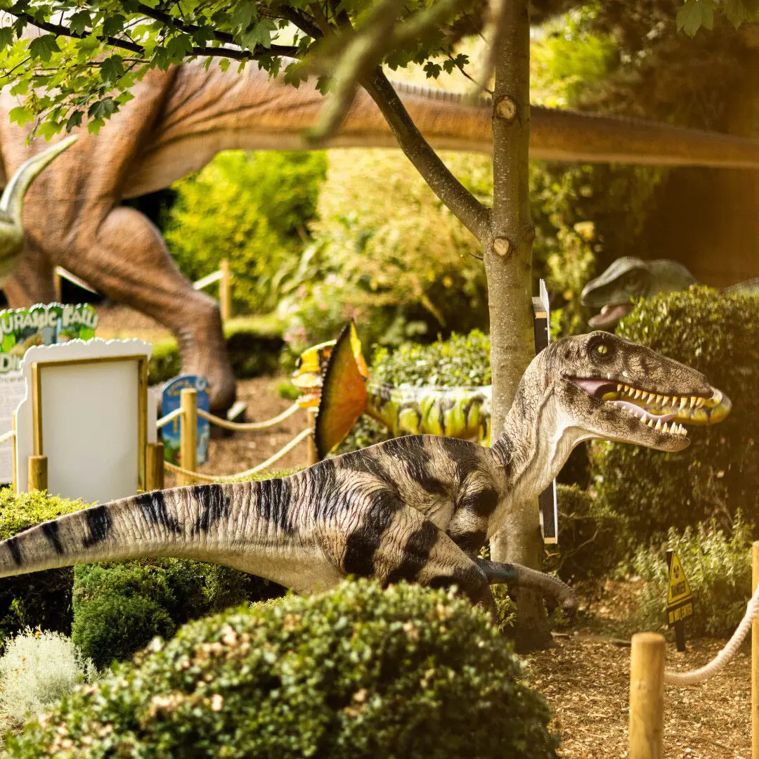 Animatronic dinosaurs among the trees at Jurassic Falls